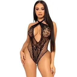 Кружевное тедди Leg Avenue Lace and net halter teddy One Size Black, глубокий вырез, халтер