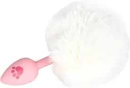 Силіконова анальна пробка з пухнастим хвостом кролика та принтом лапки 2.8 см Біла