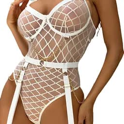 Боді еротичне сітчасте з квітковим принтом з підтяжками поліестер-спандекс M/L Біле