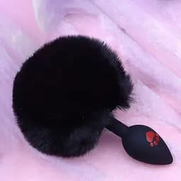 Силіконова анальна пробка з пухнастим хвостом кролика та принтом лапки 2.8 см Чорна