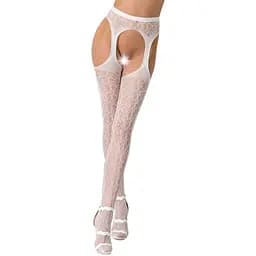 Эротические колготки-бодистокинг Passion S014 white имитация чулок в сеточку и пояса S/M/L