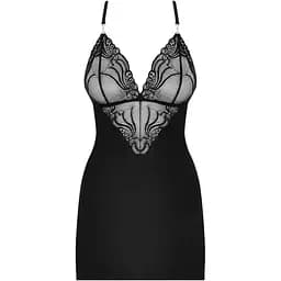 Сатиновый комплект для сна с кружевом Obsessive 828-CHE-1 chemise & Thong L/XL, черный