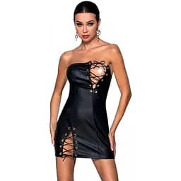 Мини-платье из экокожи CELINE CHEMISE black - Passion: шнуровка трусики в комплекте L/XL