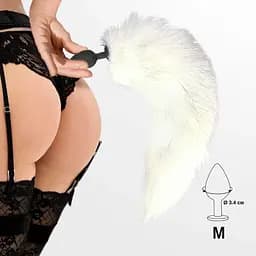 Силіконова анальна пробка з хвостом із натурального хутра Art of Sex size M White fox - мініатюра 4