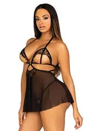 Пеньюар Leg Avenue Lace and mesh babydoll & panty Black M - мініатюра 6