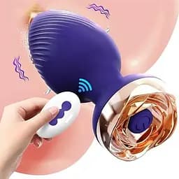 Анальна вібро-пробка Rose Butt на пульті із золотою трояндою 10 режимів 5 мм 90 мм фіолетовий - мініатюра 2