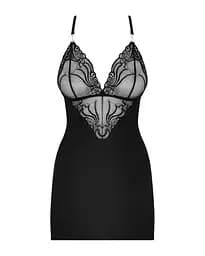 Сатиновий комплект для сну з мереживом Obsessive 828-CHE-1 chemise & thong чорний сорочка стри S/M - мініатюра 5