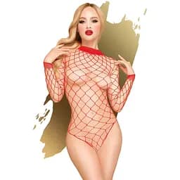 Боди Penthouse Scandalous S/L Red, большая сетка, высокий воротник, длинные рукава