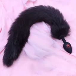 Силіконова анальна пробка з пухнастим хвостом лисиці та принтом лапки 2,8 см Чорна