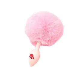 Силіконова анальна пробка з пухнастим хвостом кролика та принтом лапки 2.8 см Рожева