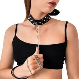 Нашийник з повідцем із натуральної шкіри із заклепками Art of Sex - Jenna Collar with Leash, чорний Art of Sex SO6698 95290 - мініатюра 4