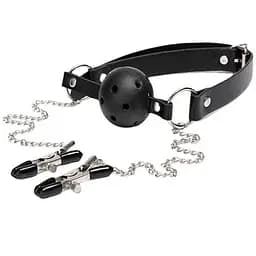 BDSM-аксессуар кляп с зажимами для сосков Черный K000766