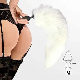 Силіконова анальна пробка Art of Sex з хвостом із натурального хутра Size M White fox - мініатюра 4