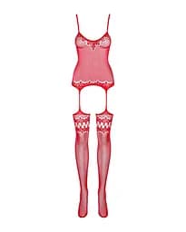 Бодістокінг Obsessive Bodystocking F214 red імітація корсета та панчіх на підв'язках S/M/L - мініатюра 5