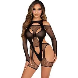 Бодистокинг Leg Avenue Fishnet Garter Harness and Teddy One Size Black