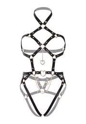 Портупея-тедді з екошкіри Leg Avenue Heart ring harness teddy L Black, підвіска-серце, ланцюги - мініатюра 5
