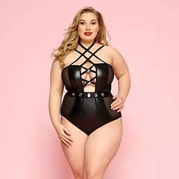 Сексуальное боди JSY Страстная Лорейн Plus Size Black, люверсы, стрепы, экокожа, шнуровка
