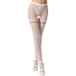 Эротические колготки-бодистокинг Passion S015 white имитация чулок в сеточку и трусиков с доступом S/M/L