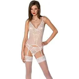 Корсет с пажами трусики с ажурным декором и открытым шагом Passion Ursula CorSet white L/XL