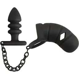 Пояс верности для мужчин Black Velvets Cock Cage With a Butt Plug 11.5 см черный