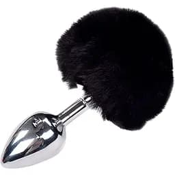 Металева анальна пробка Кролячий хвостик Alive Fluffy Plug M Black діаметр 3.4 см