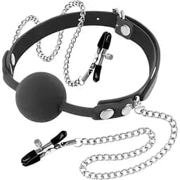 Кляп с зажимами для сосков Fetish Tentation Gag Ball With Nipple Clamps 4 см черный