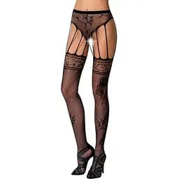 Эротические колготки-бодистокинг Passion S016 black имитация ажурных с доступом трусиков и чулок S/M/L