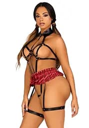 BDSM-костюм учениці Leg Avenue Harness teddy & skirt S Black, портупея, міні-спідниця, екошкіра - мініатюра 3