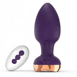 Анальная вибро-пробка Rose Butt на пульте с золотой розой 10 режимов 5 мм 90 мм фиолетовый