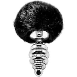 Металева анальна пробка Alive Fluffy Twist Plug M Кролячий хвостик Black, діаметр 3,4 см