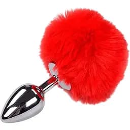 Металева анальна пробка Кролячий хвостик Alive Fluffy Plug M Red діаметр 3.4 см
