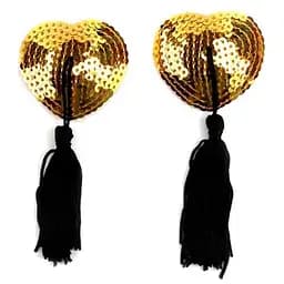 Наклейки на соски с пайетками и кисточками Hearts золотые One Size