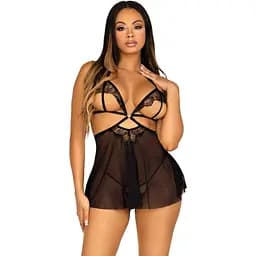 Рубашка бэби-долл с открытыми чашками Leg Avenue Lace and mesh Babydoll & panty Black M, стринги
