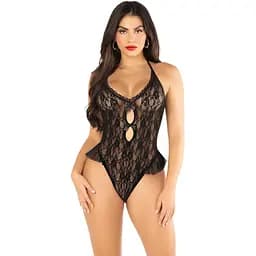 Боді Leg Avenue Lace Floral Lace Halter Teddy With Flutter Accent One Size, Black