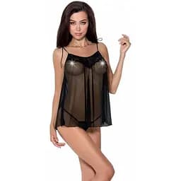 Сорочка прозора бебі дол Passion MELANIA CHEMISE Black L/XL, трусики, на тонких бретелях