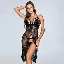 Ажурний пеньюар на запах JSY Кармен лакований ліф, трусики-стрінги One size
