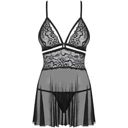 Еротичний мереживний комплект із сіточкою Obsessive 838-BAB-1Babydoll & Thong Black S/M, чорний