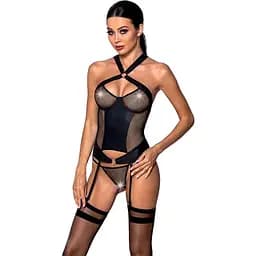 Сетчатый комплект корсет с халтером съемные подвязки и трусики Passion Amanda CorSet black L/XL