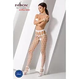 Еротичні колготки-бодістокінг Passion S021 white у велику сітку з високим пояском S/M/L - мініатюра 2