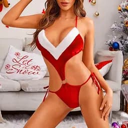 Новорічний жіночий боді Санти на зав'язках з шапочкою