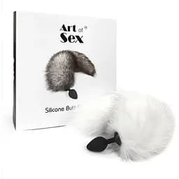 Силіконова анальна пробка Art of Sex з хвостом із натурального хутра Size M White fox - мініатюра 5