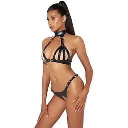 Комплект зі шкірозамінника: ліф та стрінги з відкритим доступом