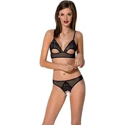 Комплект: браллет с ажурным лифом и открытыми трусиками Passion Christa Set with Open Bra black L/XL