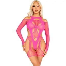 Бодістокінг Leg Avenue Fishnet Garter Harness and Teddy One Size Neon Pink