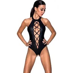 Боди из эко-кожи с имитацией шнуровки и открытым доступом Passion Nancy Body black L/XL