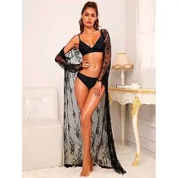 Прозорий комплект з халатом в підлогу та трусиками S/M чорний