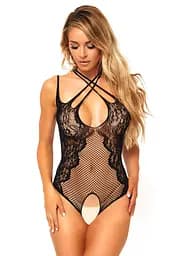 Тедді з відкритим доступом Leg Avenue Net і lace crotchless teddy One size Black шнурівка на спині - мініатюра 3