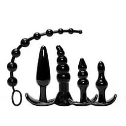 Набір силіконових анальних пробка фігурних з анальним намистом чорний 5 предметів