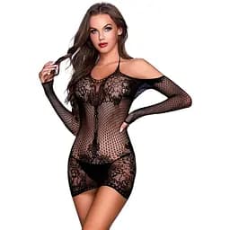 Платье-сетка JSY 7958 с открытыми плечами длинные рукава флористический декор стринги One size