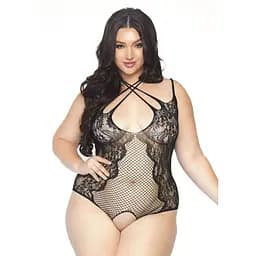 Тедді з відкритим доступом Leg Avenue Net lace crotchless teddy 1X-2X Black, шнурівка на спині